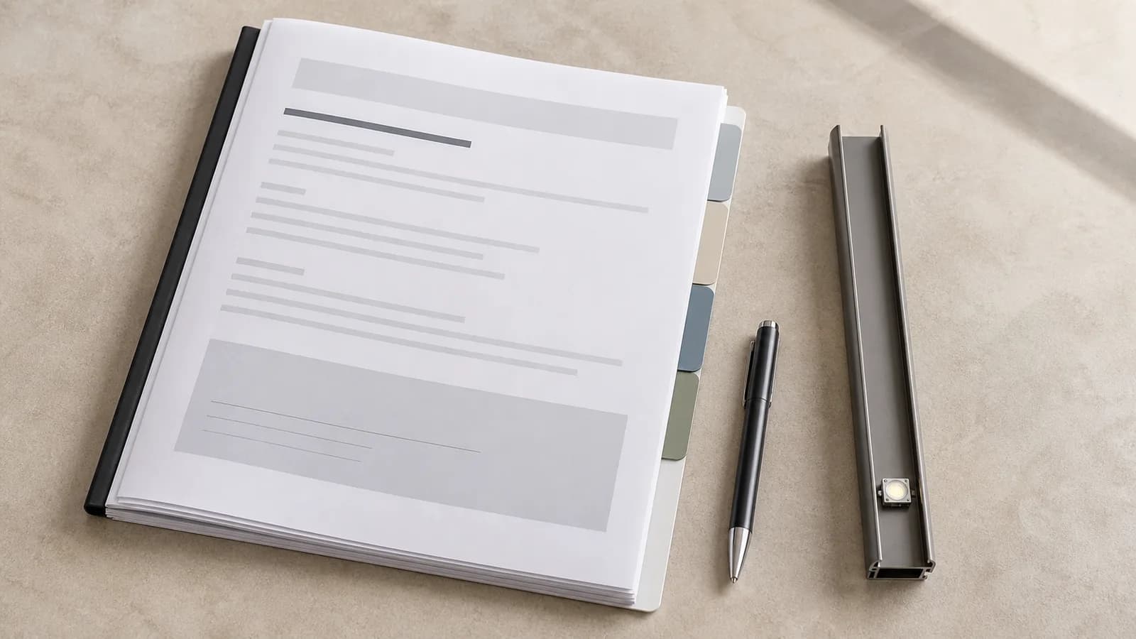 Printed section list from a blank architectural review packet next to a piece of color-matched aluminum lighting track