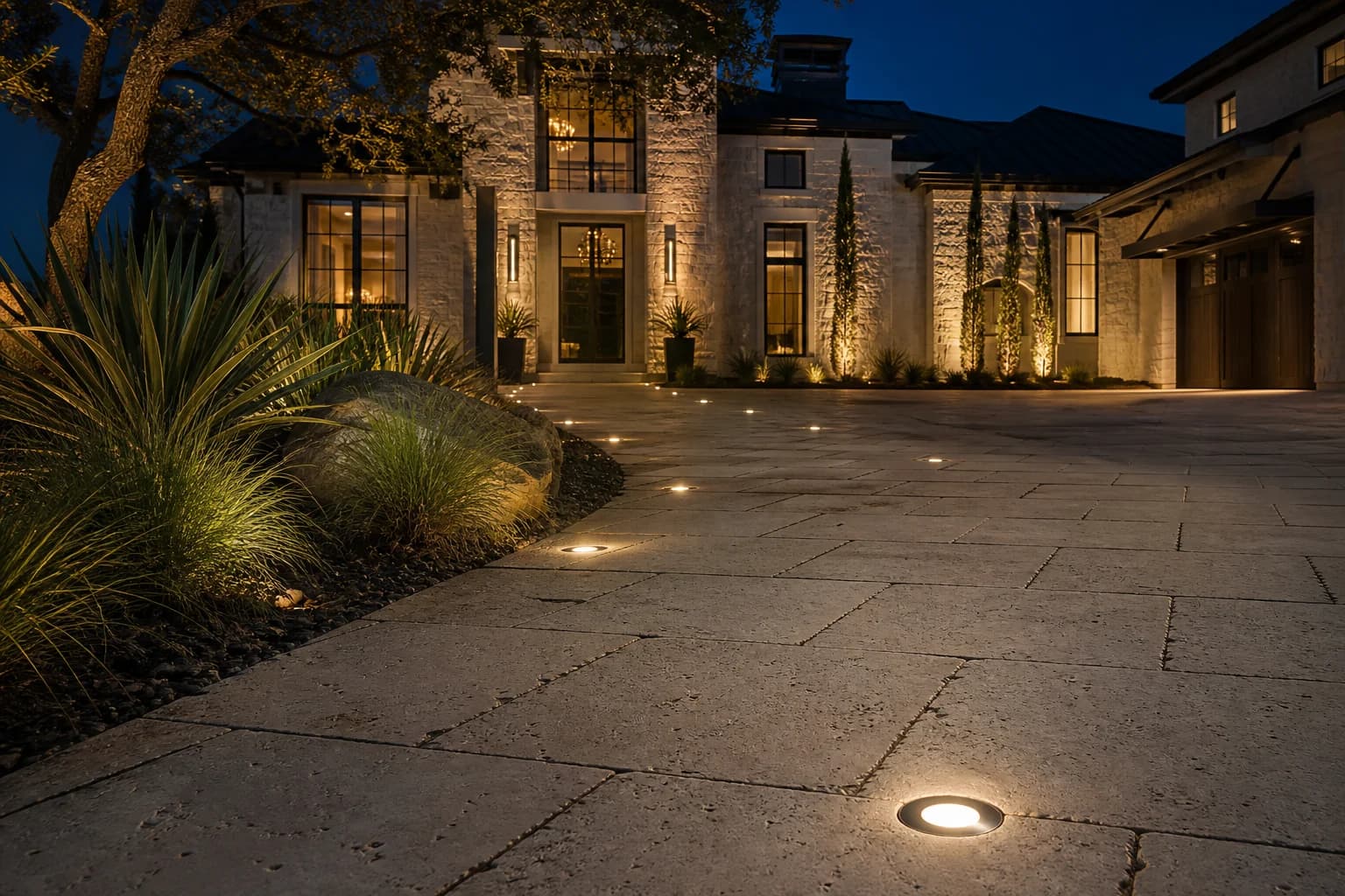Round recessed paver lights guiding the driveway of a fictional luxury Texas home