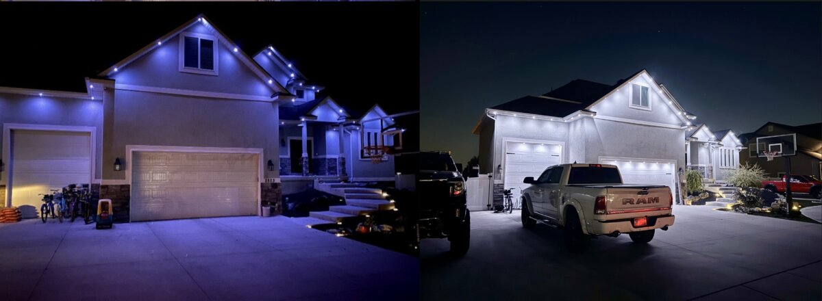 The same house lit with RGB-mixed white on the left and TruLight RGBW dedicated white on the right